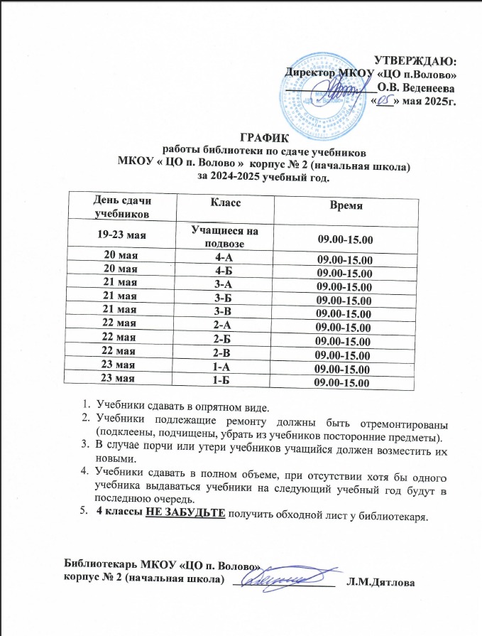 График сдачи учебников в корпусе №2  2024-2025 учебный год.